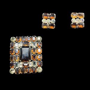 Chunky Brown, Clear & AB Glass Rhinestone Brooch W/Clip On Earrings Set (4950)